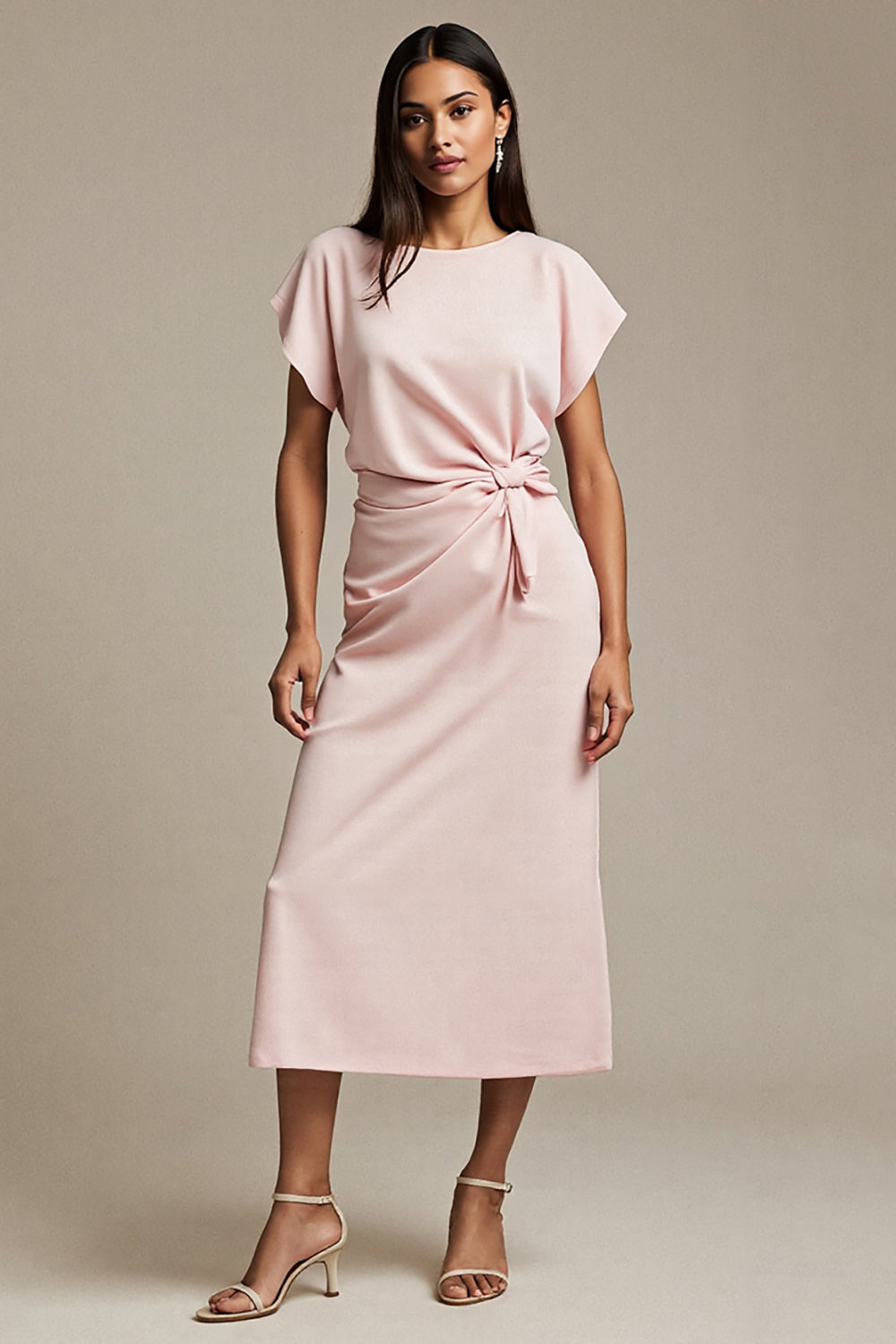 Boat Neck Pink Satin Ruched Maxi Work Dress with Sleeves