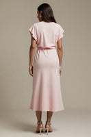 Load image into Gallery viewer, Boat Neck Pink Satin Ruched Maxi Work Dress with Sleeves