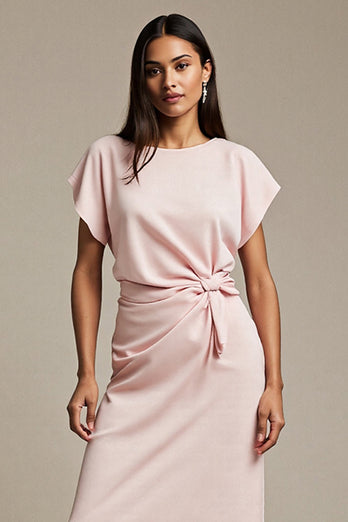 Boat Neck Pink Satin Ruched Maxi Work Dress with Sleeves