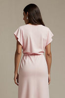 Load image into Gallery viewer, Boat Neck Pink Satin Ruched Maxi Work Dress with Sleeves