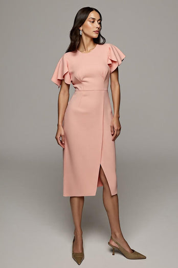 Round Neck Orange Bodycon Midi Ruffled Work Dress with Slit