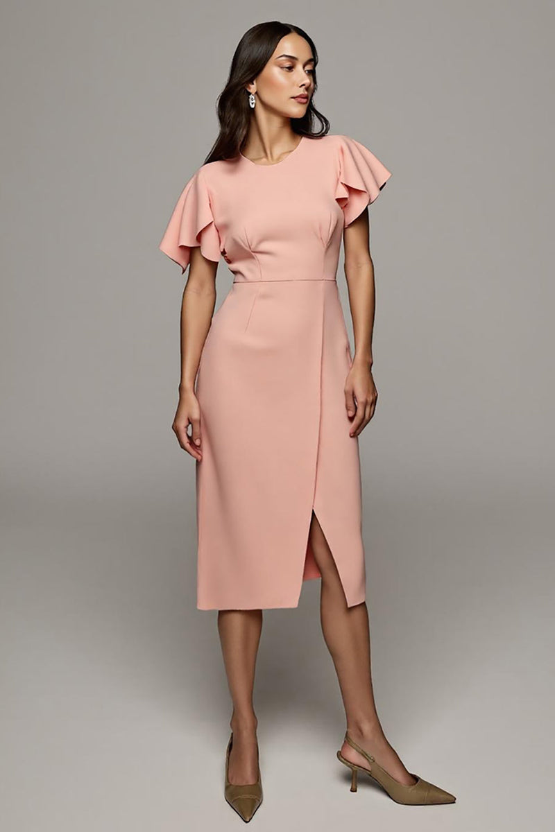 Load image into Gallery viewer, Round Neck Orange Bodycon Midi Ruffled Work Dress with Slit