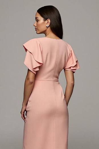 Round Neck Orange Bodycon Midi Ruffled Work Dress with Slit