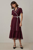 Load image into Gallery viewer, Notched Lapel Burgundy Midi Work Dess with Sleeves