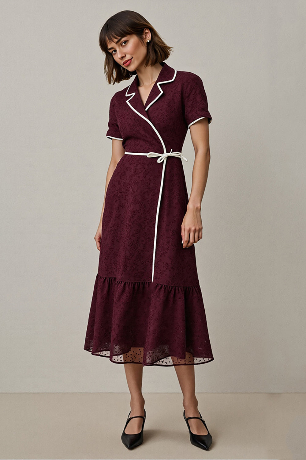 Notched Lapel Burgundy Midi Work Dess with Sleeves