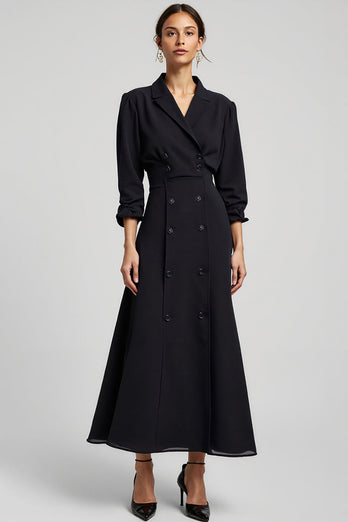 Navy A Line Notched Lapel Long Blazer Dress with Sleeves