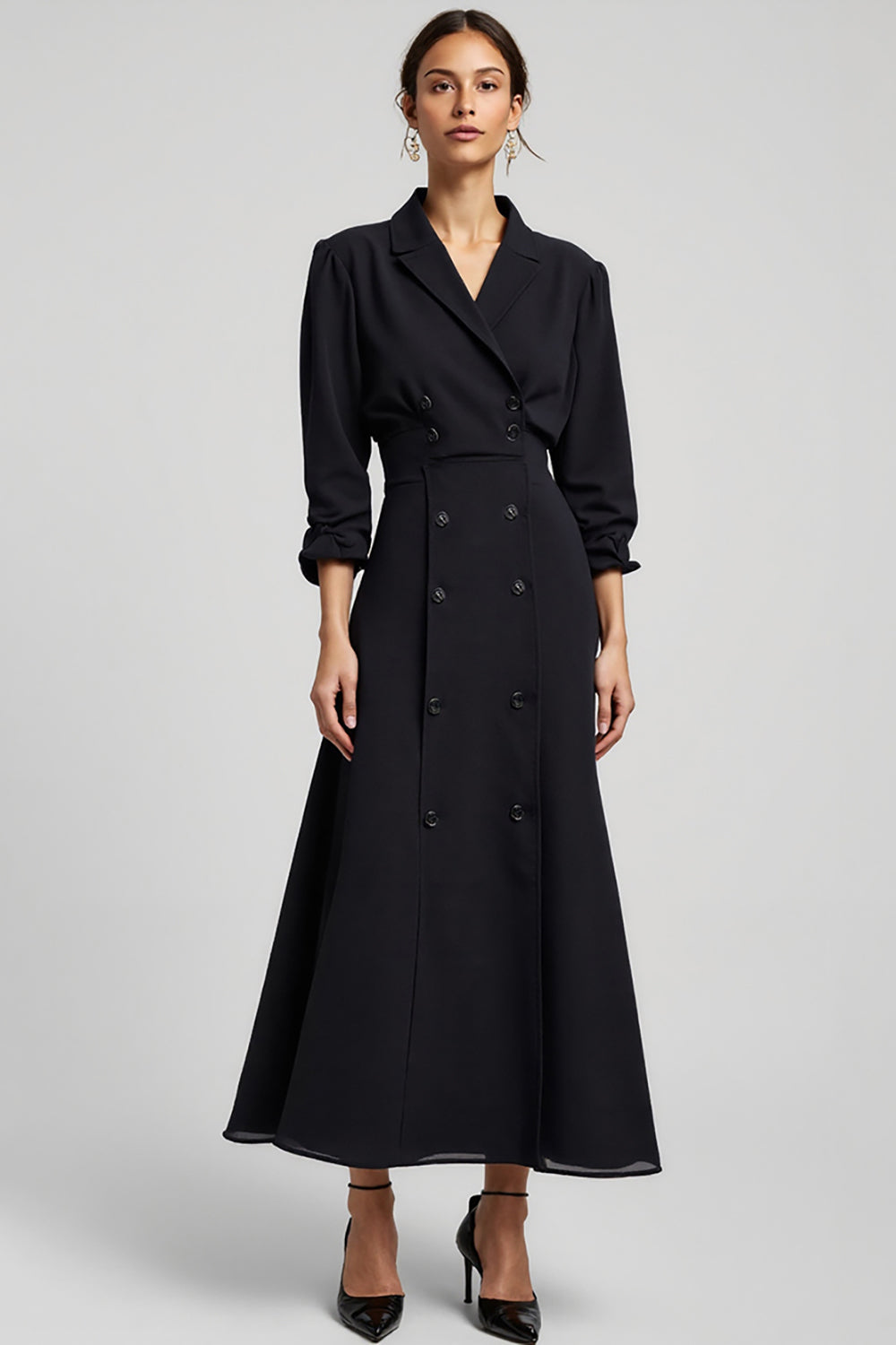 Navy A Line Notched Lapel Long Blazer Dress with Sleeves