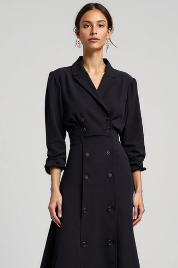 Navy A Line Notched Lapel Long Blazer Dress with Sleeves