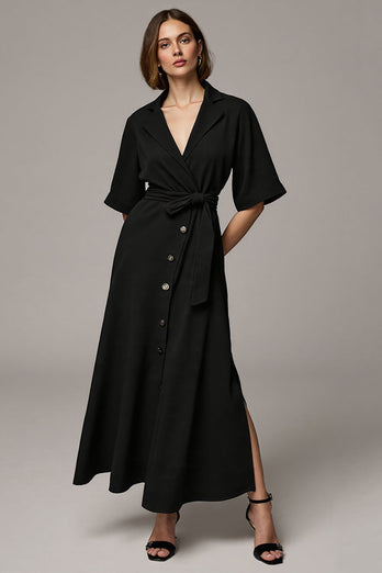 Notched Lapel Black Long Buttons Blazer Dress with Sleeves