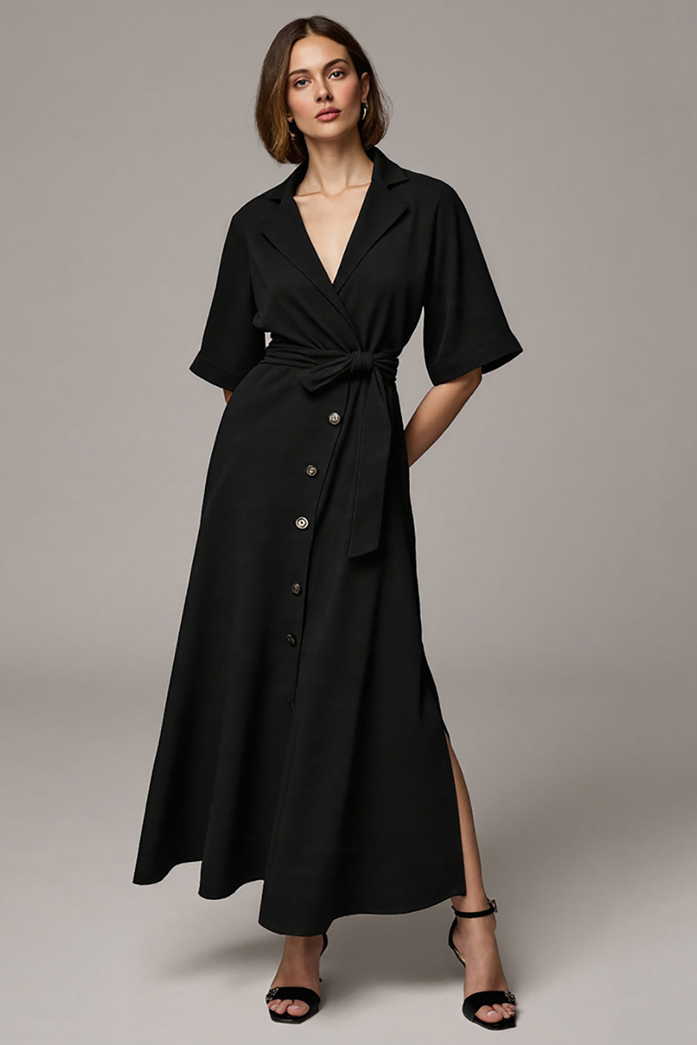 Notched Lapel Black Long Buttons Blazer Dress with Sleeves