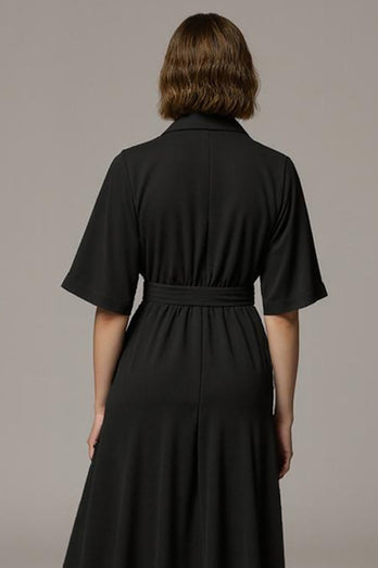 Notched Lapel Black Long Buttons Blazer Dress with Sleeves