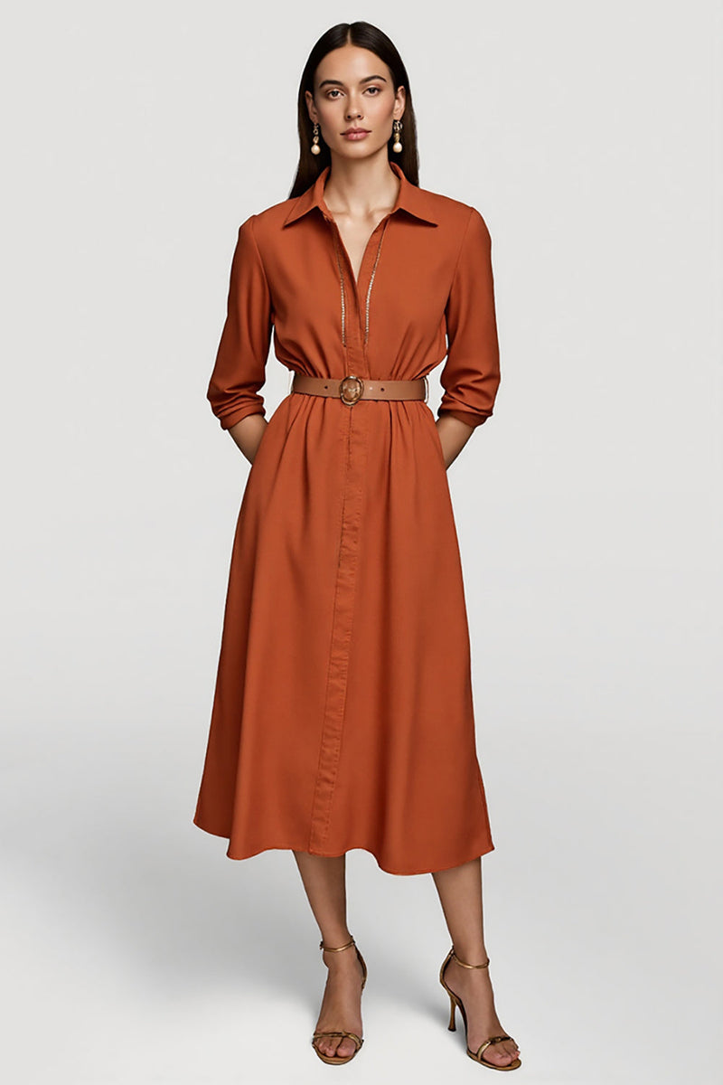 Load image into Gallery viewer, Collar Neck Orange Midi Shirt Work Dress with Belts