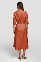 Load image into Gallery viewer, Collar Neck Orange Midi Shirt Work Dress with Belts