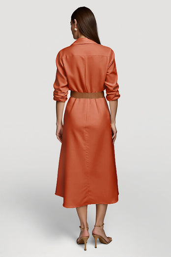 Collar Neck Orange Midi Shirt Work Dress with Belts