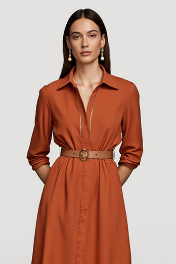 Collar Neck Orange Midi Shirt Work Dress with Belts