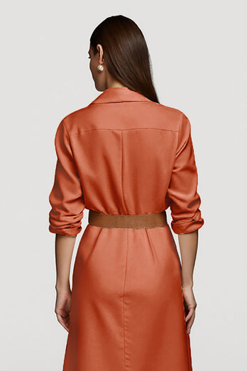 Collar Neck Orange Midi Shirt Work Dress with Belts