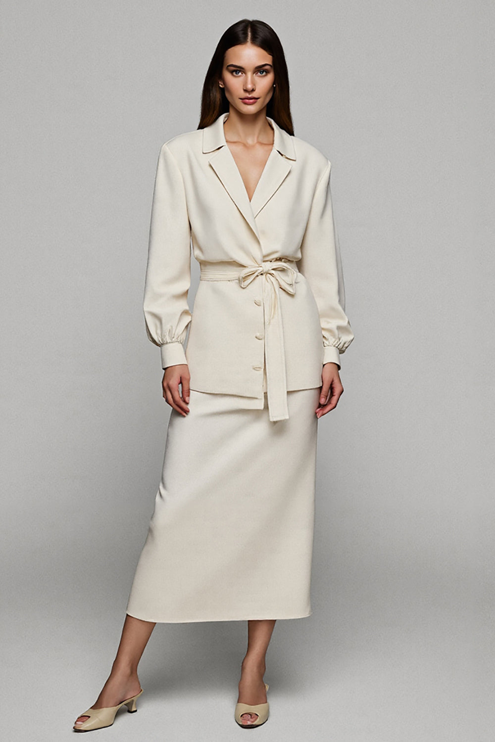 Notched Lapel Ivory 2 Piece Midi Business Suits with Sleeves