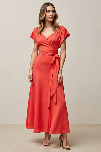 A-Line Orange V-Neck Long Work Dress with Sash