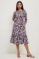 Load image into Gallery viewer, A Line Bateau Dark Purple Printed Midi Work Dress