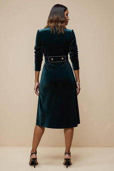 Blue Notched Lapel Peacock Velvet Midi Blazer Dress with Sleeves