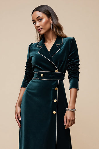 Blue Notched Lapel Peacock Velvet Midi Blazer Dress with Sleeves