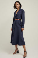 Load image into Gallery viewer, Collar Neck Navy Midi Shirt Work Dress Sleeves with Buttons