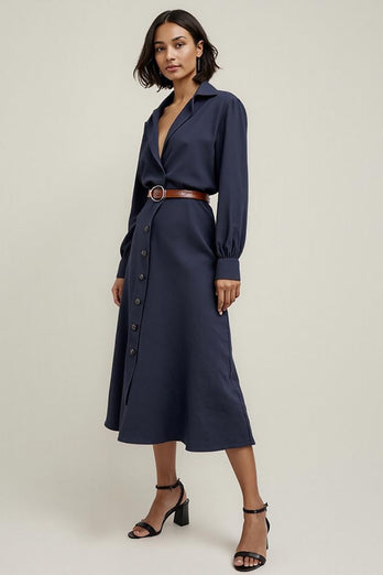 Collar Neck Navy Midi Shirt Work Dress Sleeves with Buttons