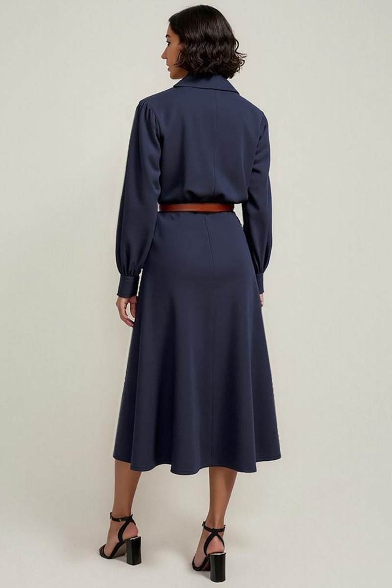 Load image into Gallery viewer, Collar Neck Navy Midi Shirt Work Dress Sleeves with Buttons