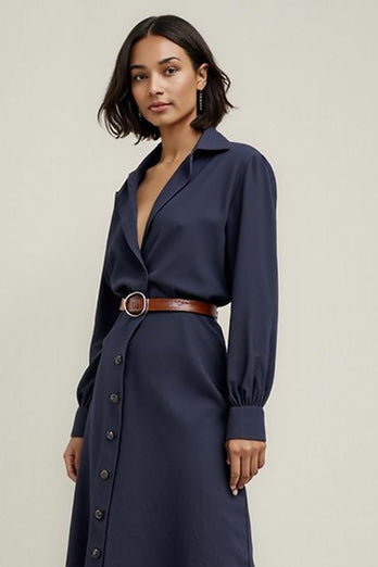 Collar Neck Navy Midi Shirt Work Dress Sleeves with Buttons