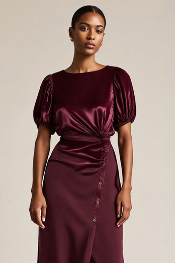 Burgundy Boat Neck Bodycon Midi SleevesWork Dress