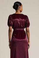 Load image into Gallery viewer, Burgundy Boat Neck Bodycon Midi SleevesWork Dress