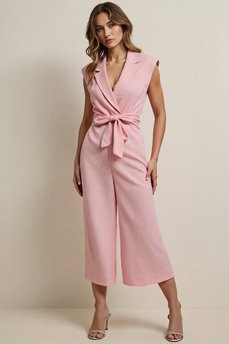 Notched Lapel Pink Work Jumpsuits with Sash
