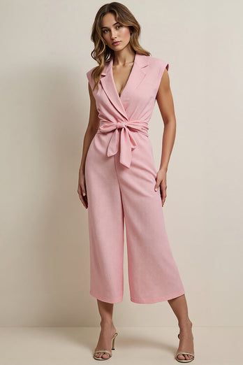 Notched Lapel Pink Work Jumpsuits with Sash