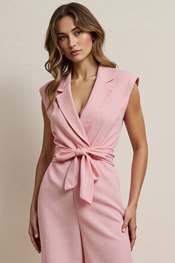 Notched Lapel Pink Work Jumpsuits with Sash