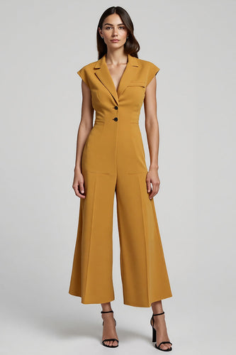 Notched Lapel Yellow Buttons Ankle Length Work Jumpsuits