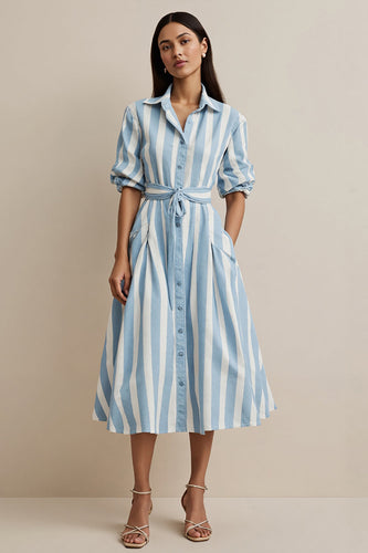 Collar Neck Blue Pockets Midi Shirt Work Dress with Sash