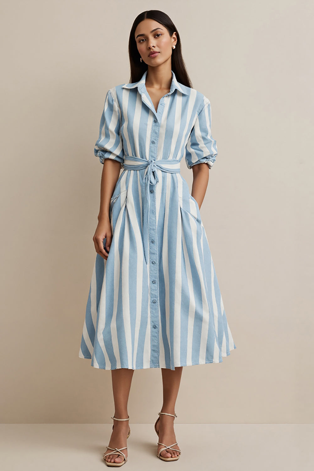 Collar Neck Blue Pockets Midi Shirt Work Dress with Sash