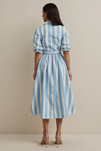 Collar Neck Blue Pockets Midi Shirt Work Dress with Sash