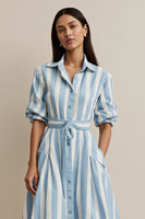 Load image into Gallery viewer, Collar Neck Blue Pockets Midi Shirt Work Dress with Sash