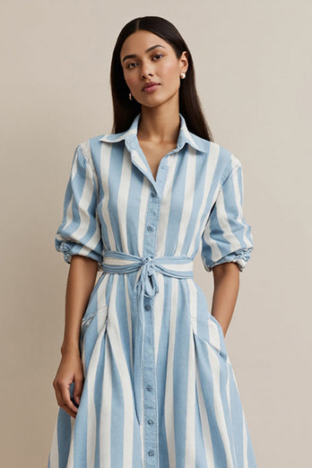 Collar Neck Blue Pockets Midi Shirt Work Dress with Sash