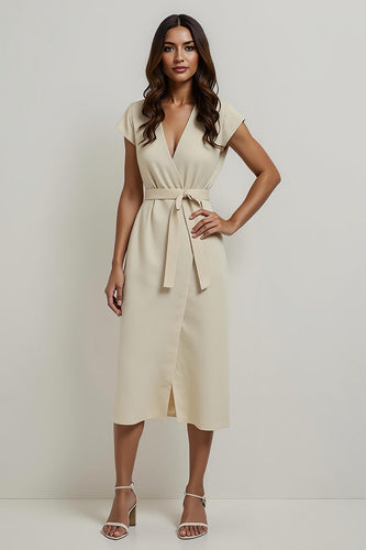 V-Neck Apricot Pencil Midi Work Dress with Sleeves
