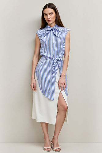 Blue Pencil 2 Piece Bows Midi Blouses and Skirt with Slit