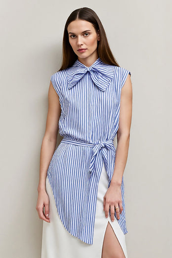 Blue Pencil 2 Piece Bows Midi Blouses and Skirt with Slit