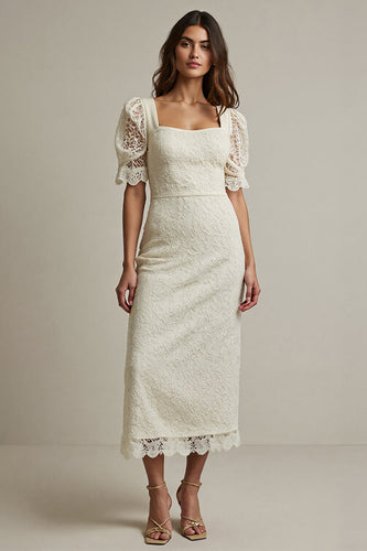Square Neck Apricot Pencil Lace Maxi Work Dress with Sleeves