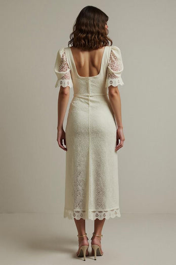 Square Neck Apricot Pencil Lace Maxi Work Dress with Sleeves