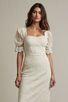 Load image into Gallery viewer, Square Neck Apricot Pencil Lace Maxi Work Dress with Sleeves