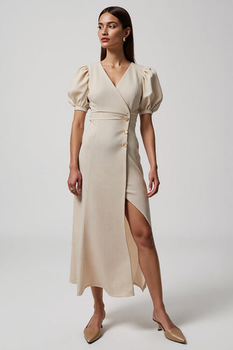 Ivory V-Neck Puff Sleeves Maxi Work Dress with Buttons