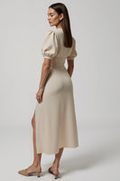 Load image into Gallery viewer, Ivory V-Neck Puff Sleeves Maxi Work Dress with Buttons