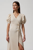 Load image into Gallery viewer, Ivory V-Neck Puff Sleeves Maxi Work Dress with Buttons