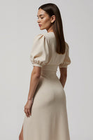 Load image into Gallery viewer, Ivory V-Neck Puff Sleeves Maxi Work Dress with Buttons
